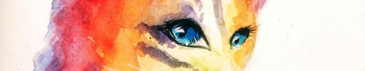 A painting of a cat, in bright watercolours, with orange and red fur and blue eyes.
